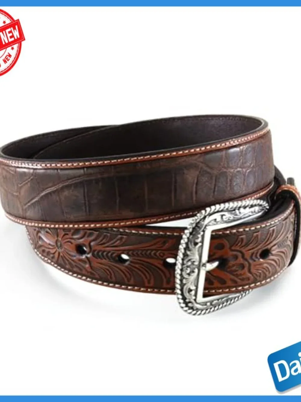 Men's Genuine Leather Belt with Floral Tab Buckle Size 34